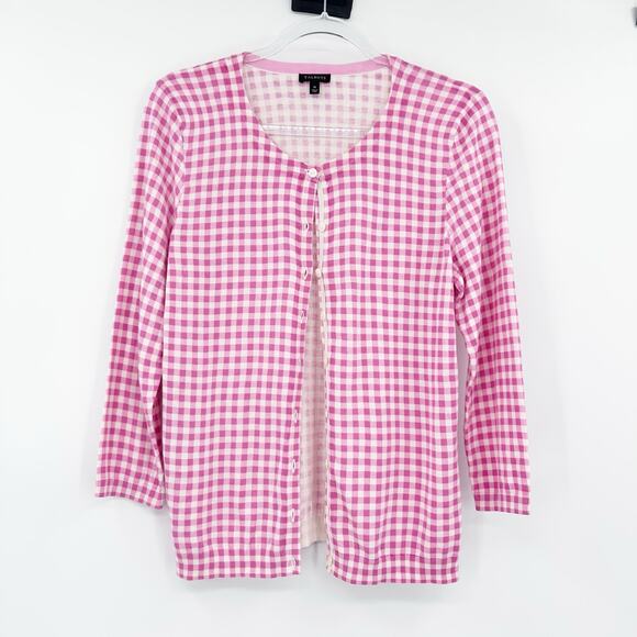 Talbots Pink Gingham Check Button Front Cardigan Sweater Womens Size Medium - Picture 3 of 11